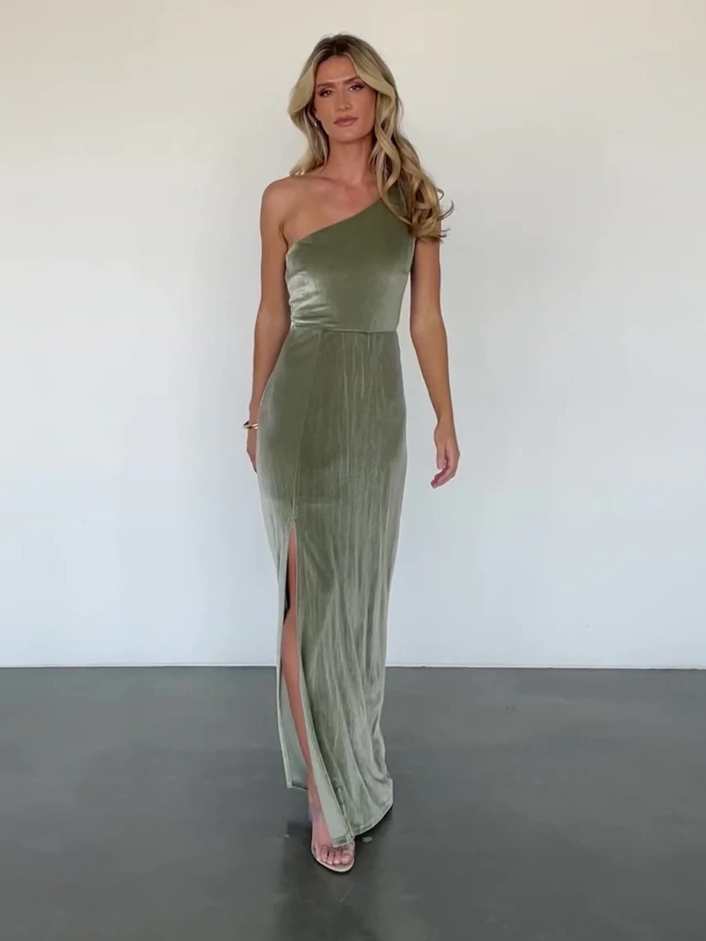Baltic Born Olive Green Velvet One-Shoulder Maxi Dress SizeL